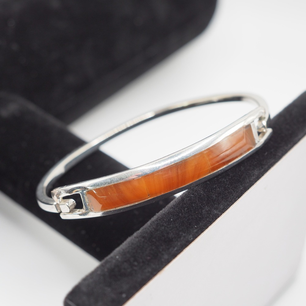 Vintage Alpaca Bangle Brown Silver Tone Mexico Stone Inlay Minimalist